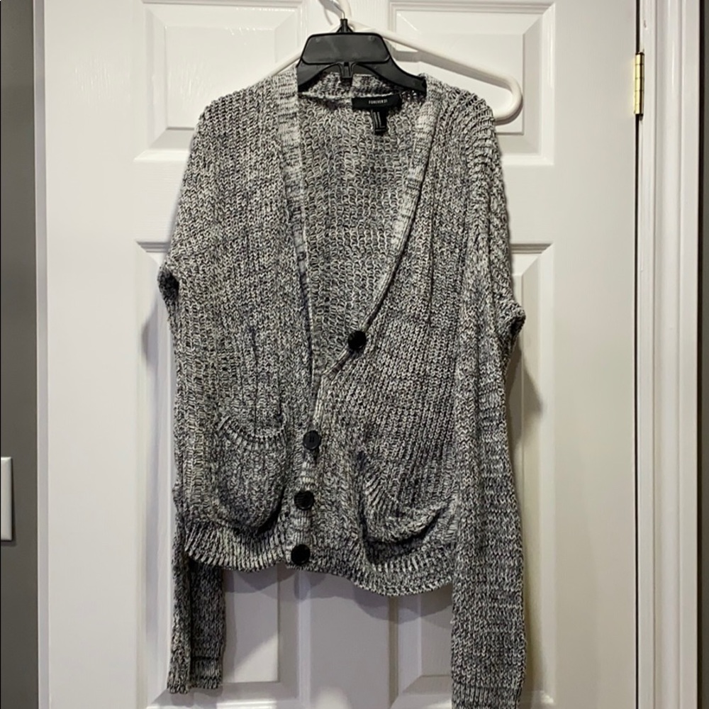 grey and white cardigan